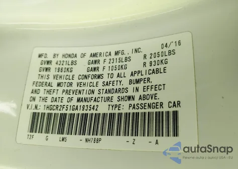 2016 Honda Accord Sport z USA, uszkodzony, nr VIN 1HGCR2F51GA193542